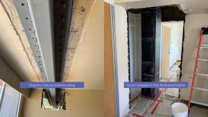 Olympia Medical Center Voluntary Seismic Improvements: Olympia Medical Center Voluntary Seismic Improvements: Top brackets added to columns and shear wallOlympia Medical Center Voluntary Seismic Improvements: Drag Strut Steel & Column wrapped in FRP